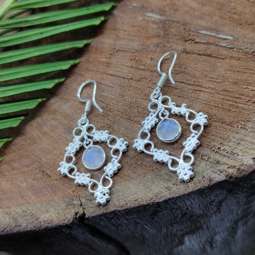 Heavy Work Faceted Moonstone Party Wear 925 Sterling Silver Earring