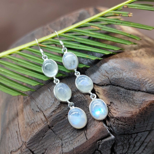 925 Sterling Silver Handmade Bohemian Rainbow Moonstone Six Stone Long Dangler