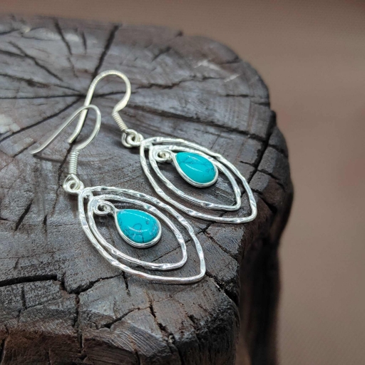 3 Layer Textured Designer Marquise Shape Turquoise Gemstone Handmade 925 Sterling Silver  Earring