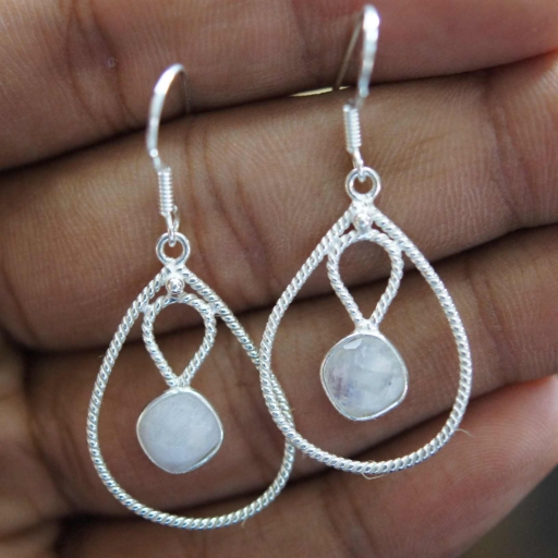 Faceted  Natural Moonstone Gemstone Fine Bezel 925 Sterling Silver Earring