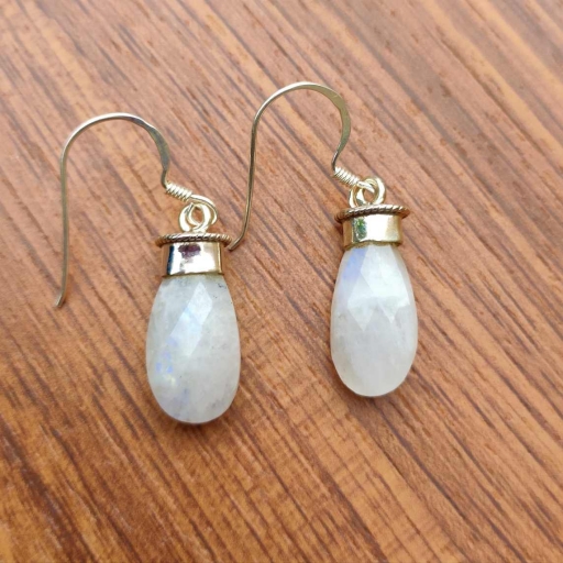 Faceted Rainbow Moonstone Briolette 925 Sterling Silver Bohemian Cap Earring