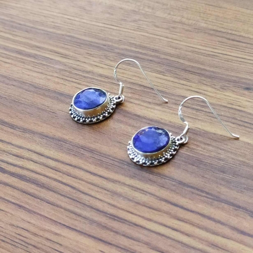 Faceted Dyed Blue Sapphire Handmade 925 Sterling Silver  Earring