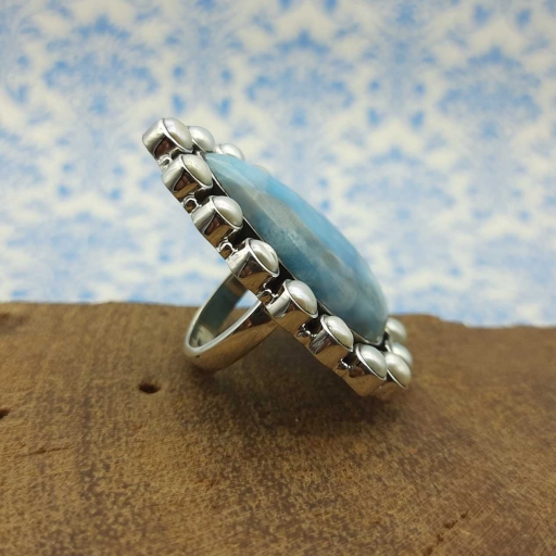 Solid 925 Sterling Silver Handmade Chunky Larimar And Pearl Gemstone Ring