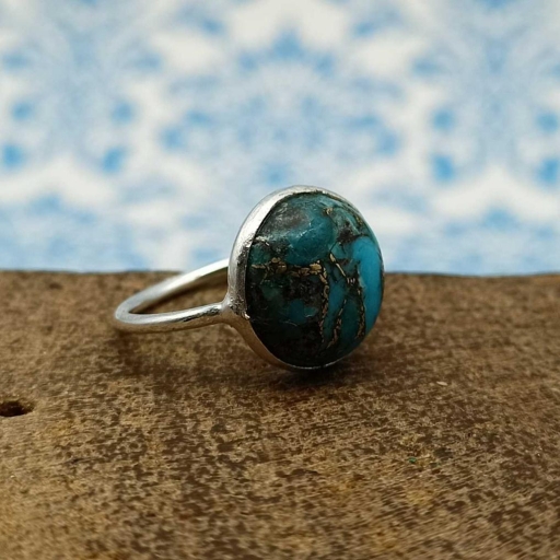 Blue Copper Turquoise Gemstone 925 Sterling Silver Bezel Girl's Ring