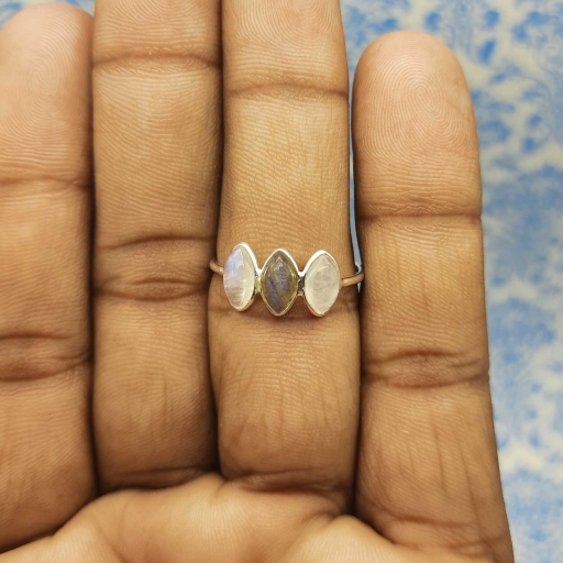 925 Sterling Silver Moonstone , Labradorite Dual Stone Fine Girl's Ring