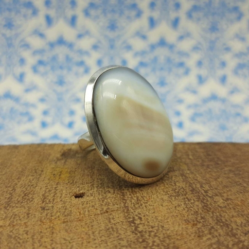 Agate Gemstone Oval Shape 925 Sterling Silver Plain Band Simple Ring