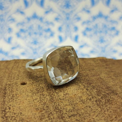 Faceted Square Shape Crystal Gemstone 925 Sterling Silver Ring