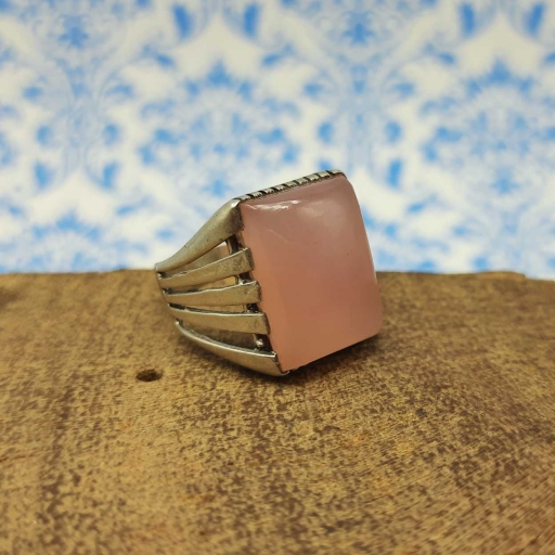 Rectangular Rose Quartz Gemstone Designer 925 Sterling Silver Thick Band Ring
