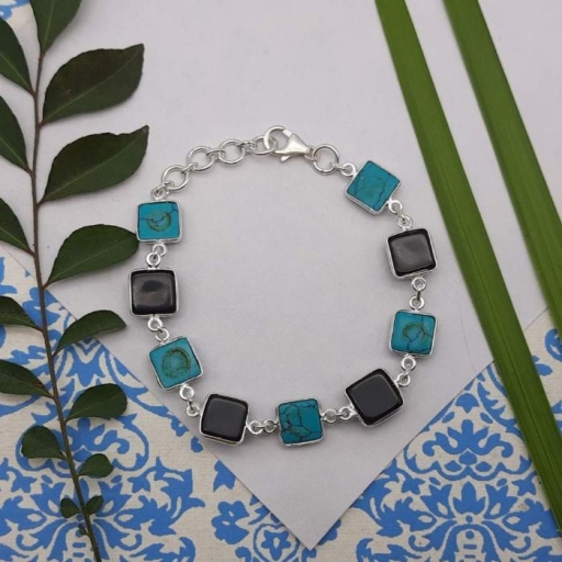 925 Sterling Silver Turquoise , Black Onyx Dual Stone Chain Bracelet