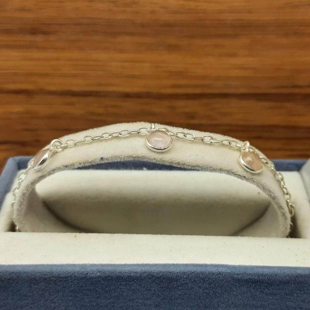 Cabochon Rose Quartz Gemstone Designer 925 Sterling Silver Authentic Chain Bracelet