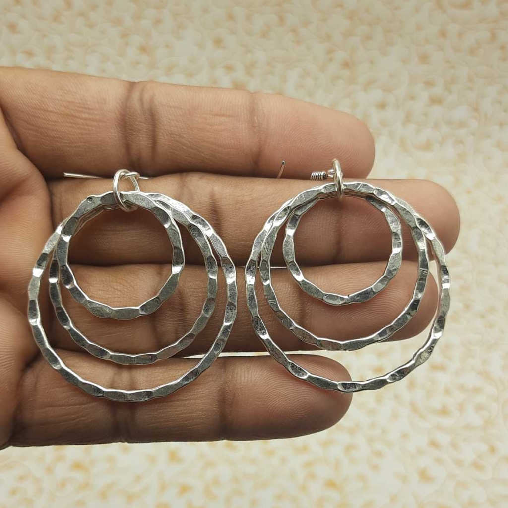 925 Sterling Silver Triple Hammered Circles Designer Handmade Earring For Women's