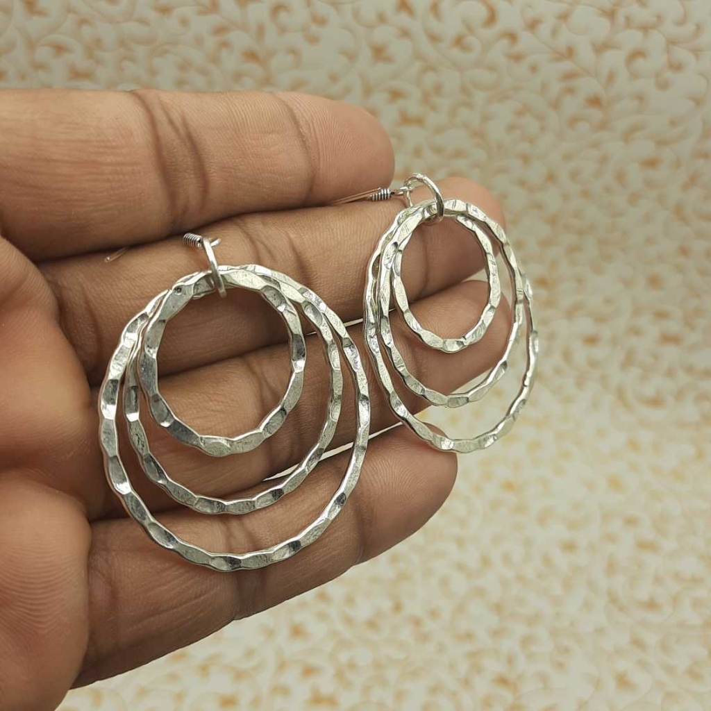 925 Sterling Silver Triple Hammered Circles Designer Handmade Earring For Women's