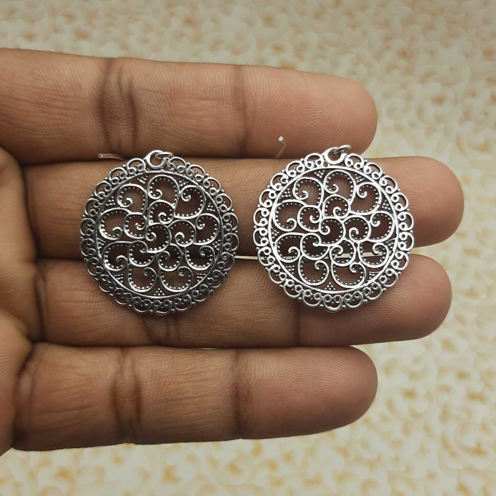 925 Sterling Silver Jali Work in Circle Design Elegant Earring