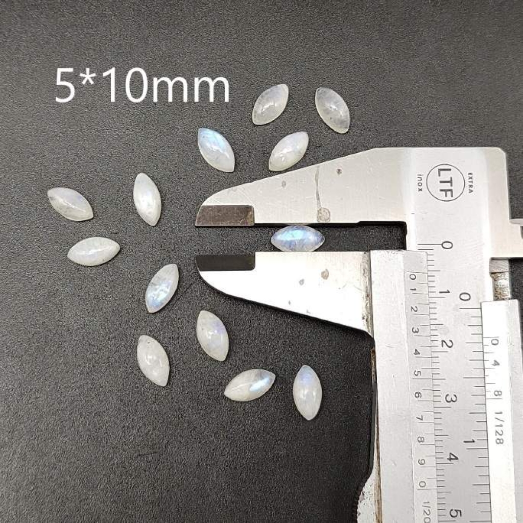 Calibrated 5*10mm Marquise Shape Cabochon  AAA+ Fire Quality Rainbow Moonstone Lot Of 25 pcs