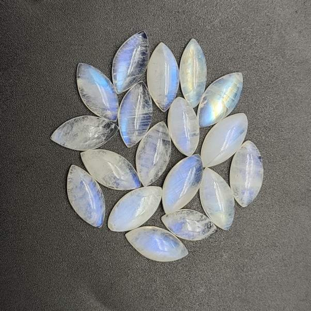 Calibrated 5*10mm Marquise Shape Cabochon  AAA+ Fire Quality Rainbow Moonstone Lot Of 25 pcs