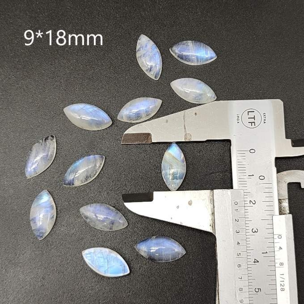 Calibrated 9*18mm Marquise Shape Cabochon  AAA+ Fire Quality Rainbow Moonstone Lot Of 25 pcs