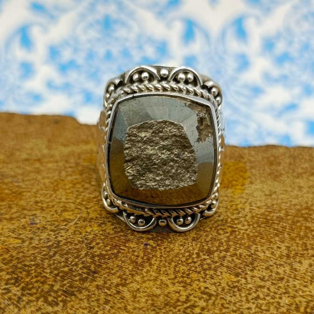 Cushion Shape Pyrite Gemstone 925 Sterling Silver Bohemian Band Ring