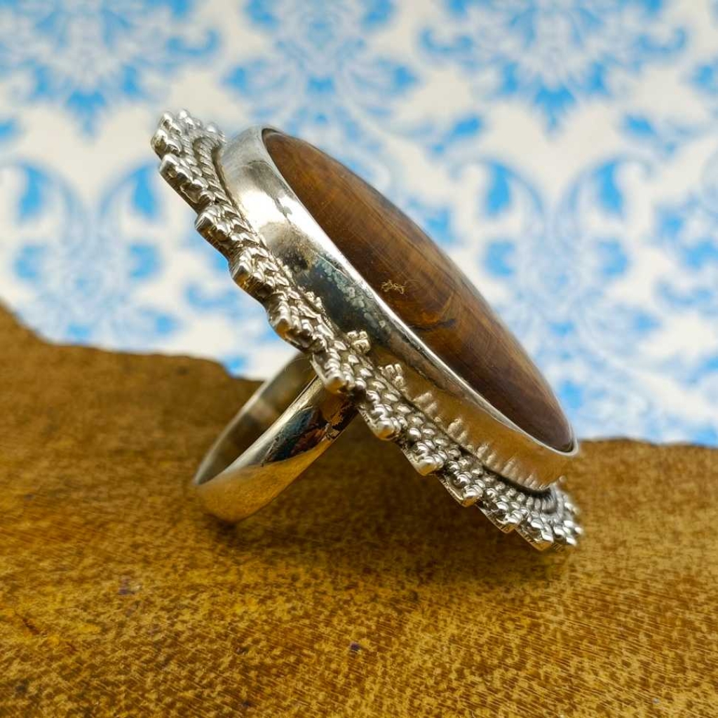 Tiger Eye Gemstone 925 Sterling Silver Bohemian Nepali Work Ring