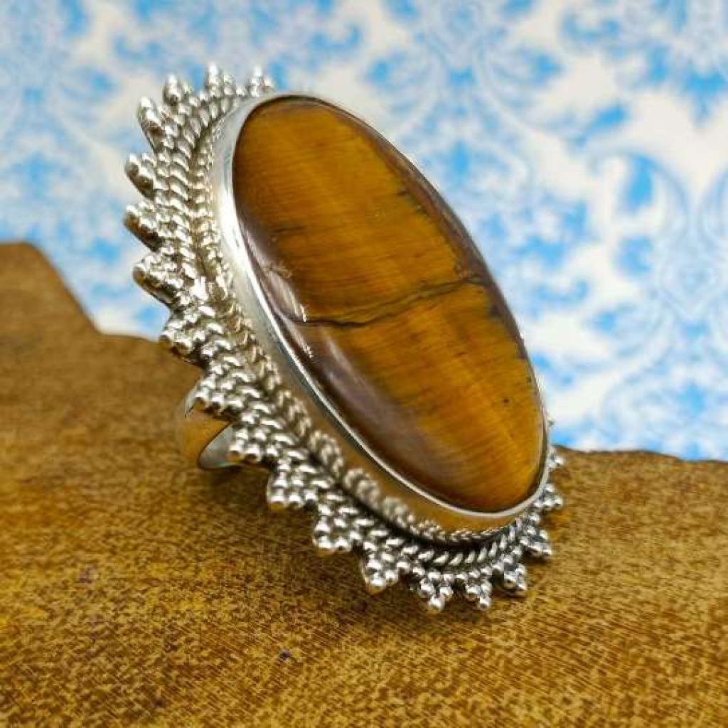 Tiger Eye Gemstone 925 Sterling Silver Bohemian Nepali Work Ring