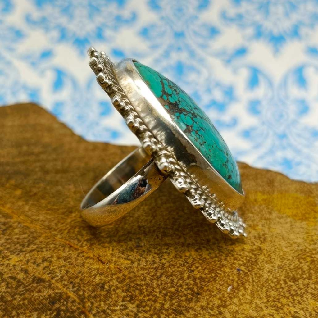 Tibetian Turquoise Gemstone 925 Sterling Silver Bohemian Nepali Work Ring