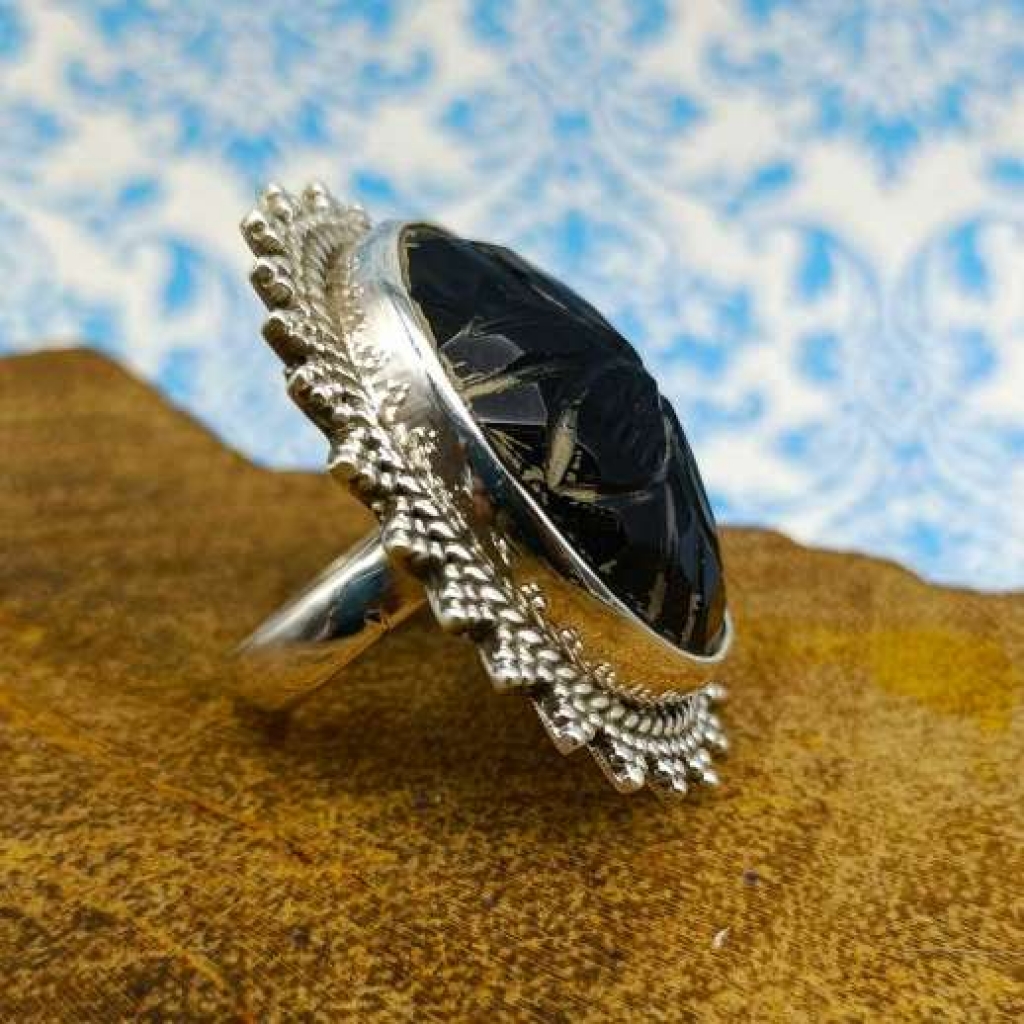 Handcraved Smokey Quartz Gemstone 925 Sterling Silver Bohemian Nepali Work Ring