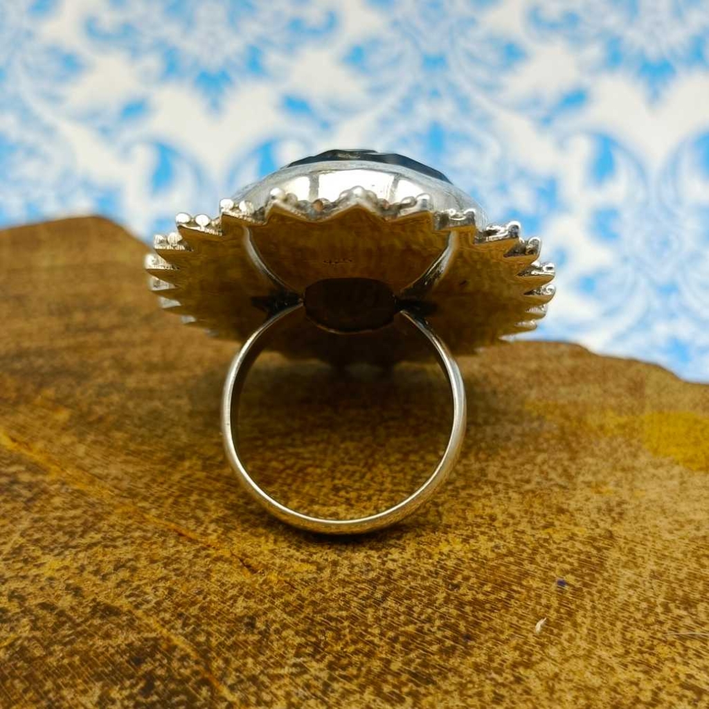 Handcraved Smokey Quartz Gemstone 925 Sterling Silver Bohemian Nepali Work Ring