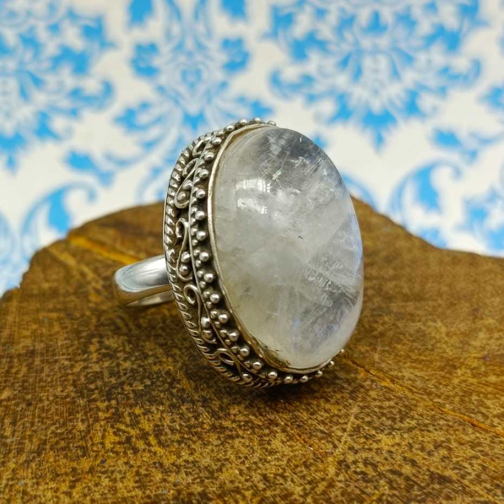 Rainbow Moonstone Gemstone 925 Silver Boho Unique Design Work Ring