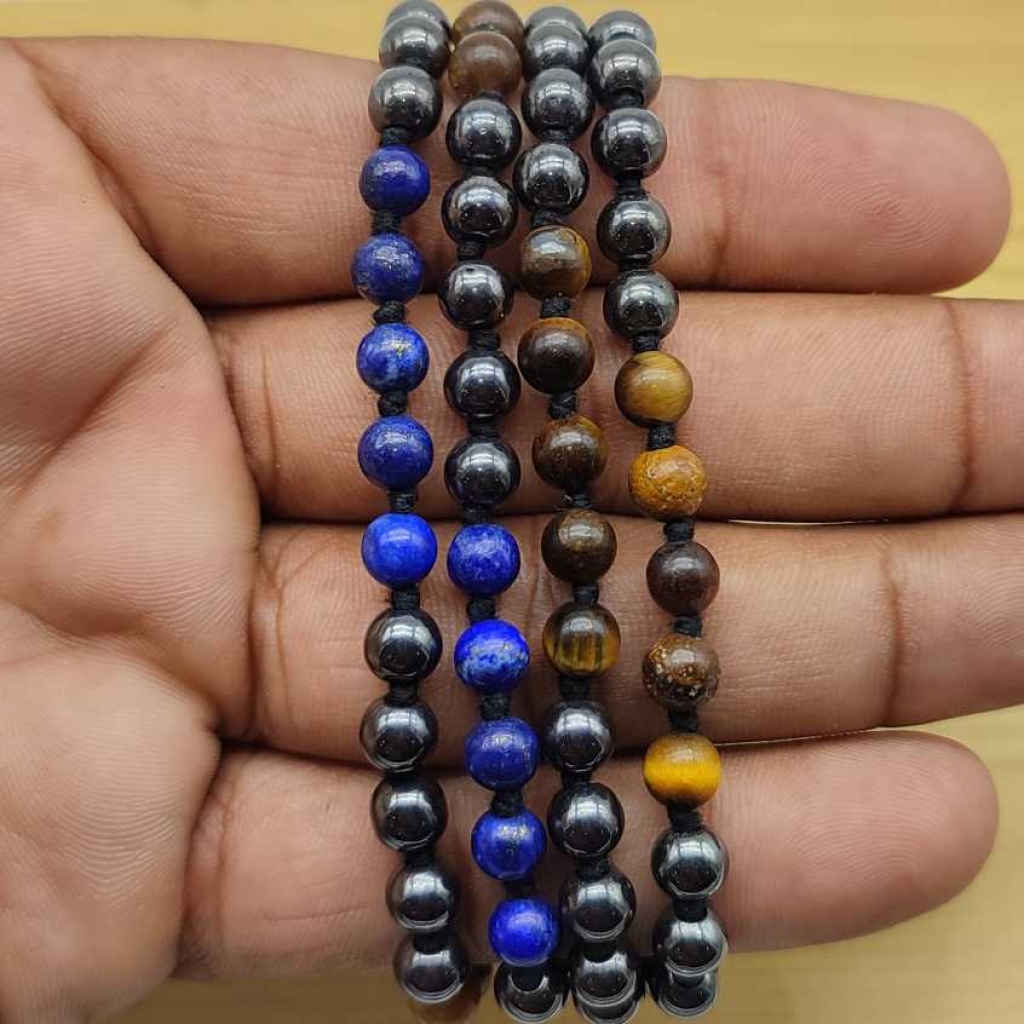 Natural Lava  , Hematite And Lapis Gemstone Handknotted 108 Beads Rainbow Healing  Japa Mala