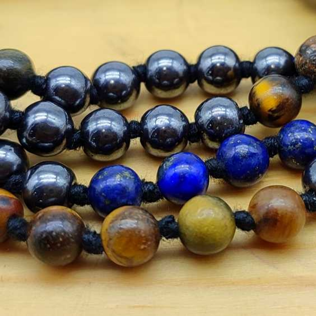 Natural Lava  , Hematite And Lapis Gemstone Handknotted 108 Beads Rainbow Healing  Japa Mala