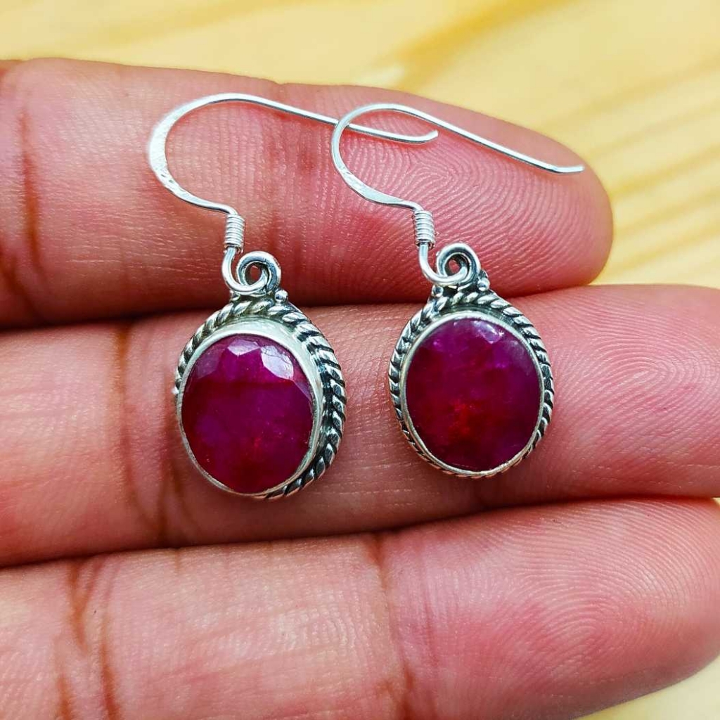 925 Sterling Silver Ruby Round Shape Gemstone Handmade Earring