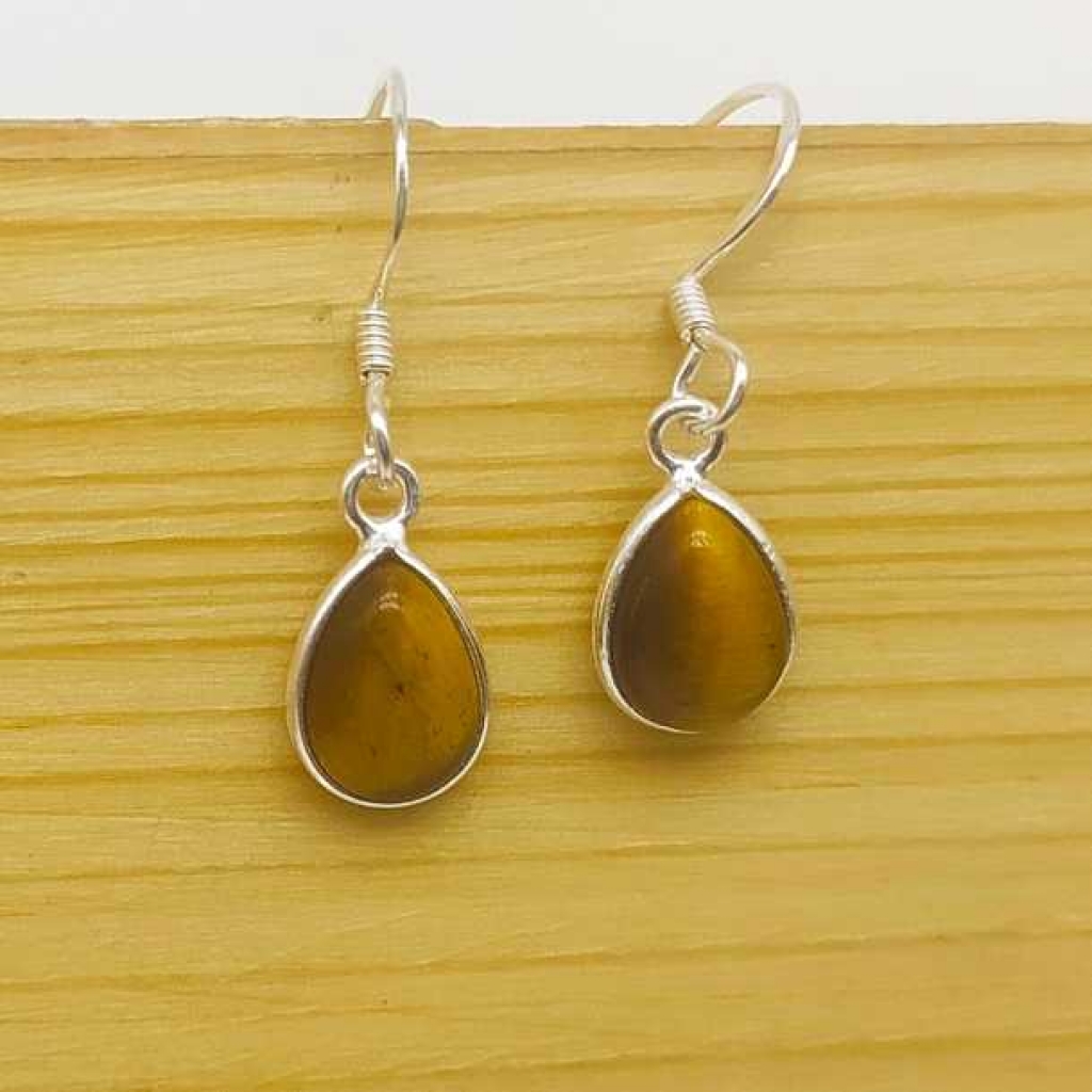 925 Sterling Silver Tiger Eye Drop Shape Gemstone Boho Earring