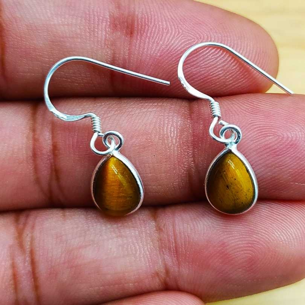 925 Sterling Silver Tiger Eye Drop Shape Gemstone Boho Earring