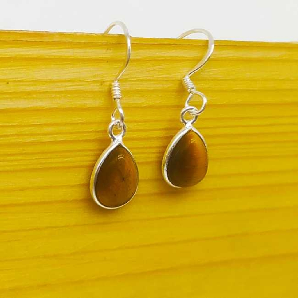 925 Sterling Silver Tiger Eye Drop Shape Gemstone Boho Earring