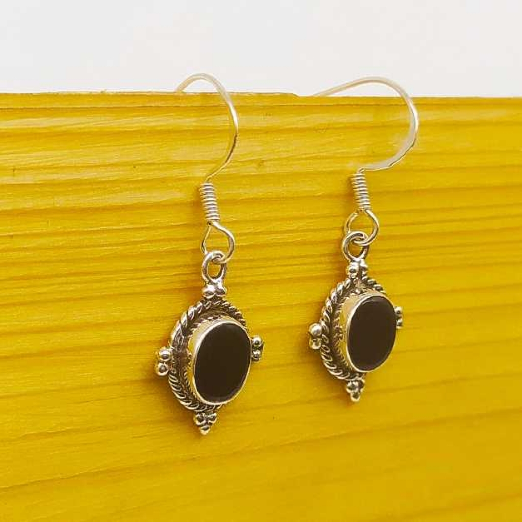 925 Sterling Silver Black Onyx Oval Shape Gemstone Handmade Earring