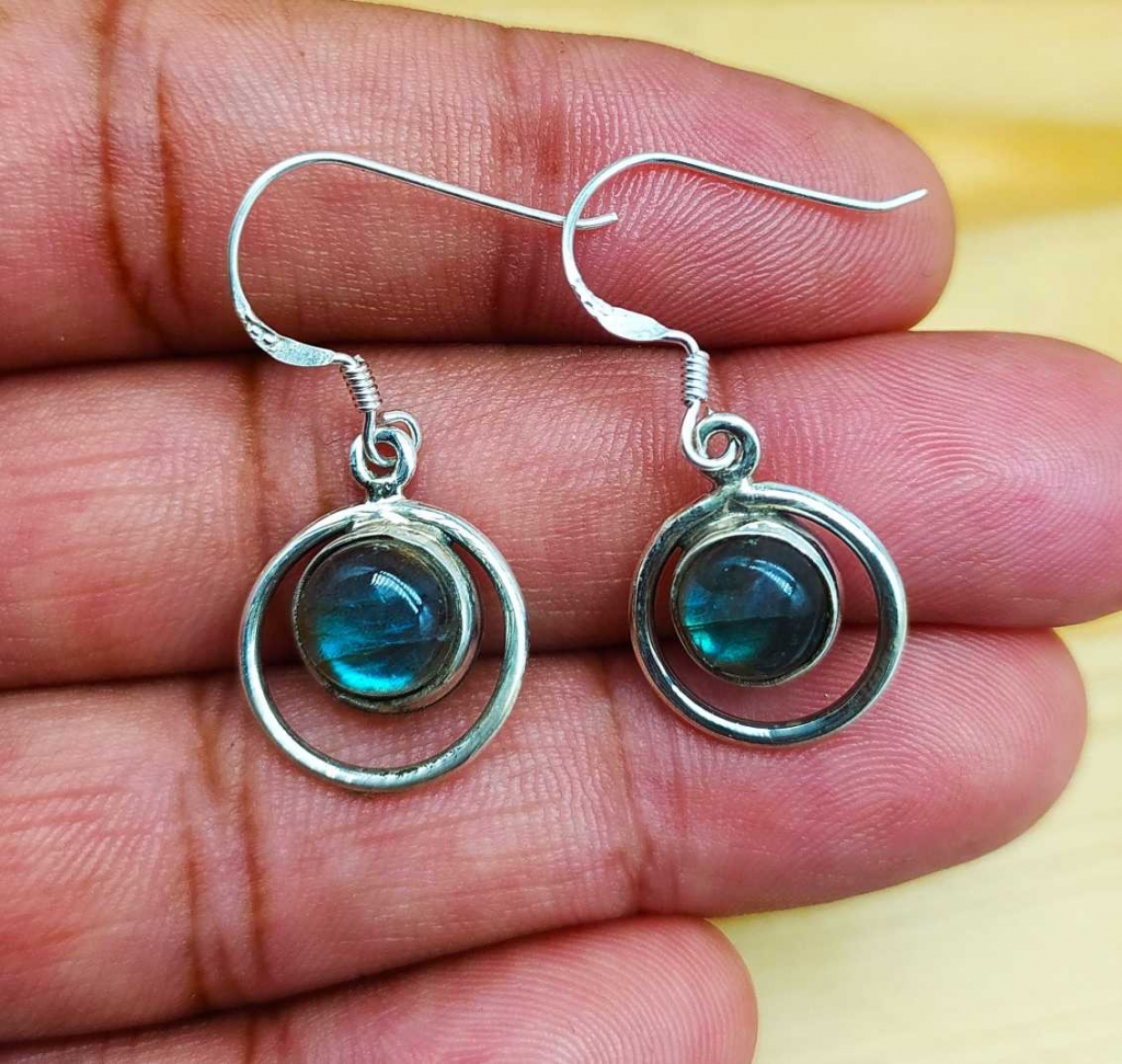 925 Sterling Silver Labradorite Round Shape Gemstone Handmade Earring