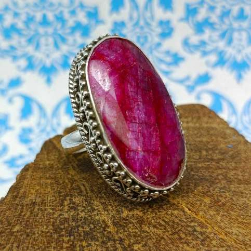 925 Sterling Silver Ruby Oval Shape Handmade Gemstone Boho Ring