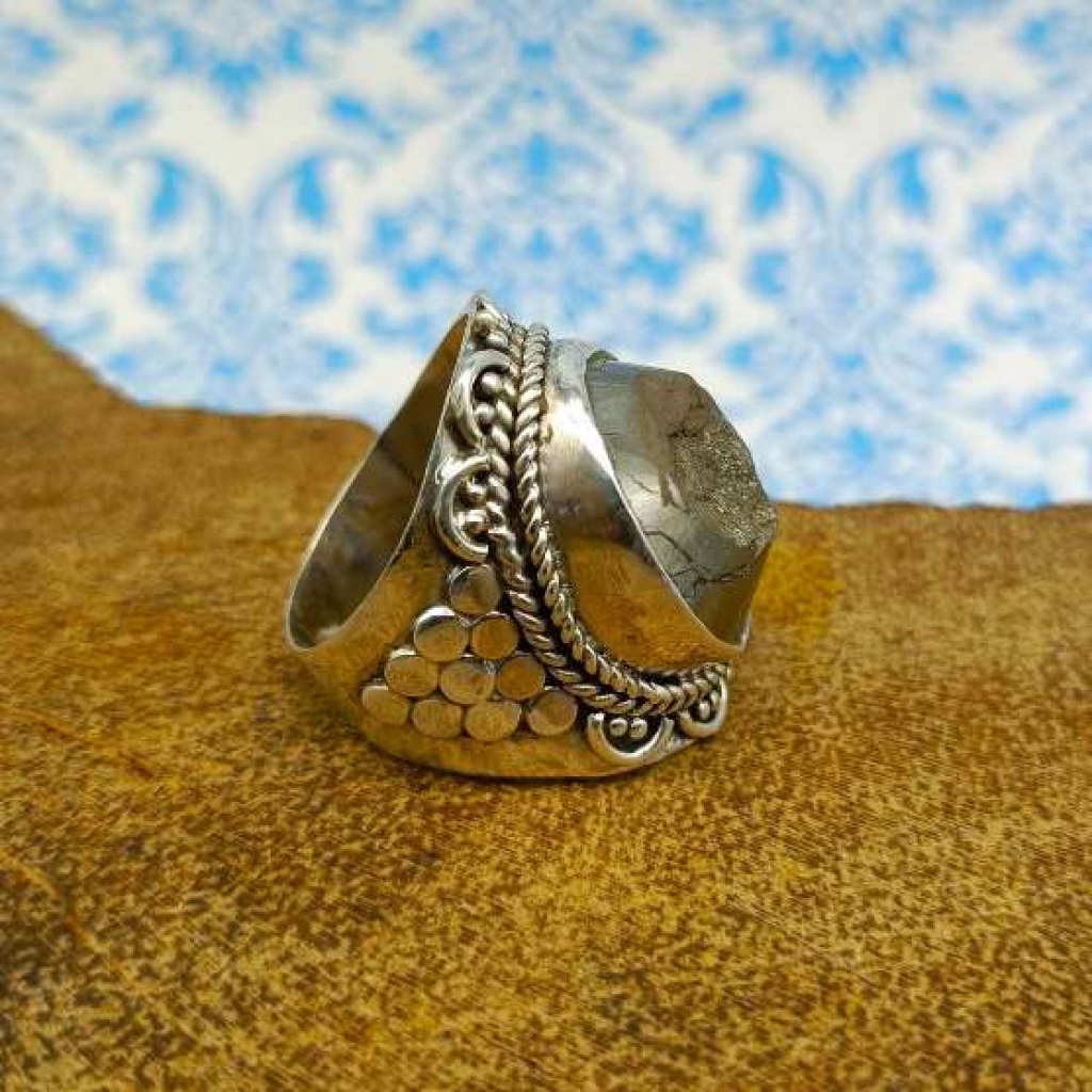 925 Sterling Silver Pyrite Round Shape Handmade Gemstone Boho Ring