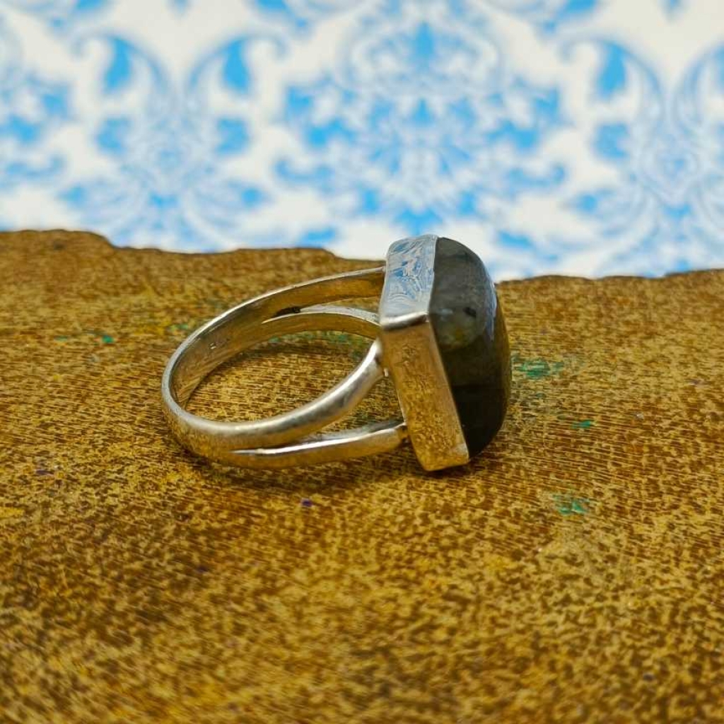 925 Sterling Silver Labradorite Gemstone Square Shape Boho Handmade Ring