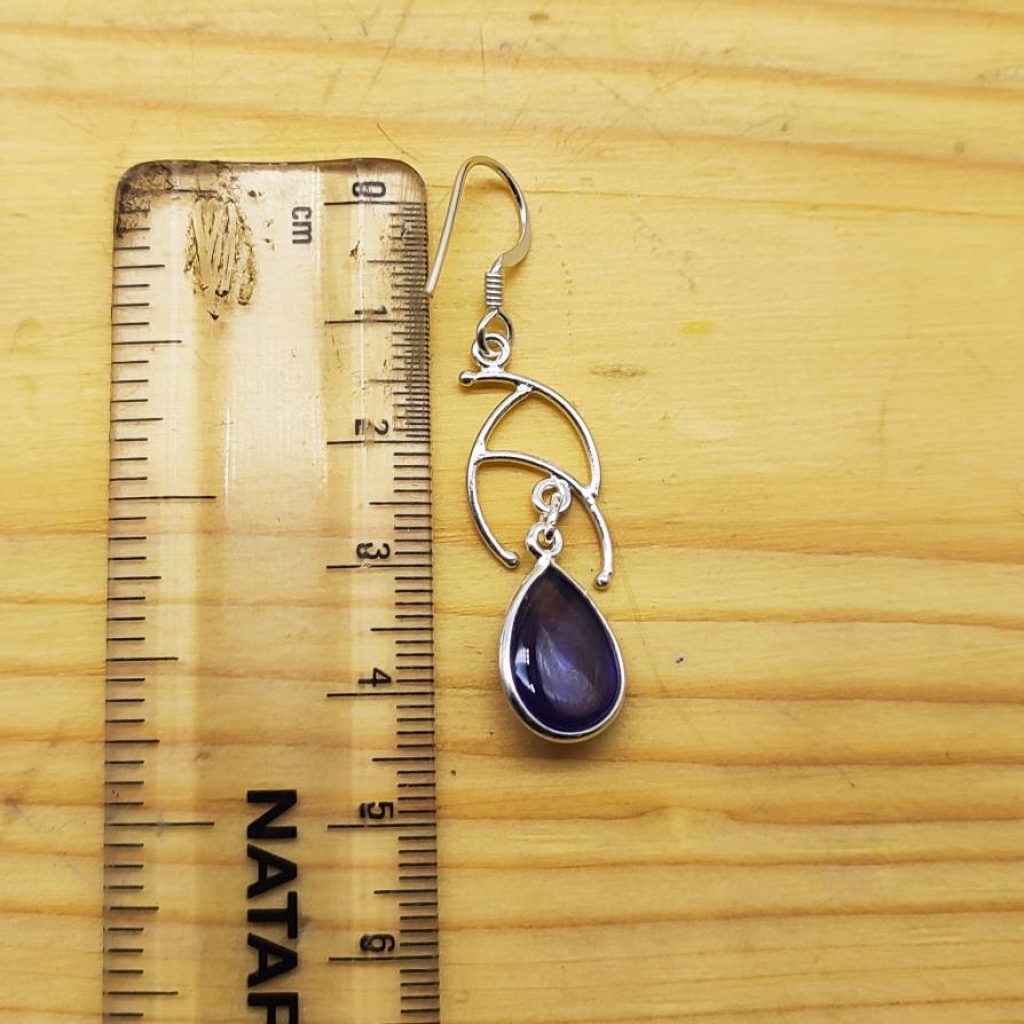 925 Sterling Silver Natural Amethyst Cabochon Long Pear Shape Earring