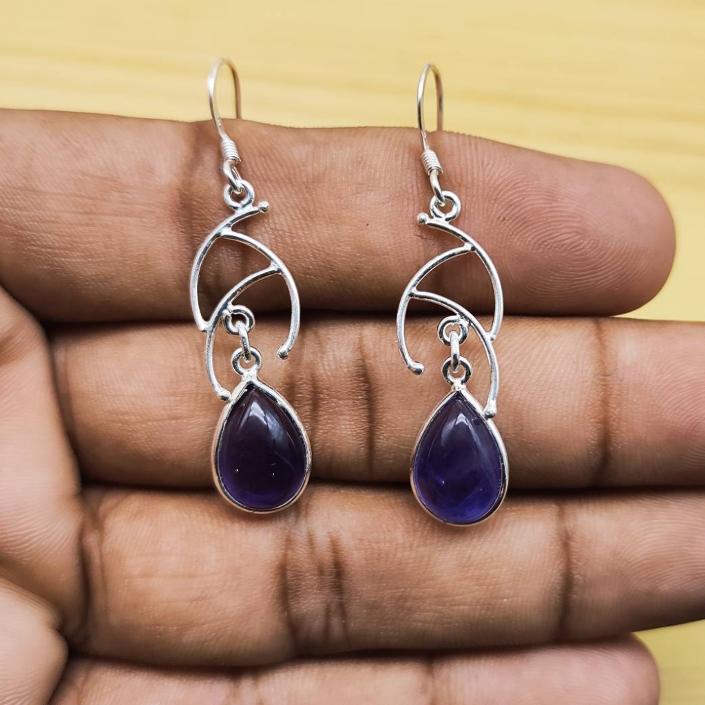 925 Sterling Silver Natural Amethyst Cabochon Long Pear Shape Earring