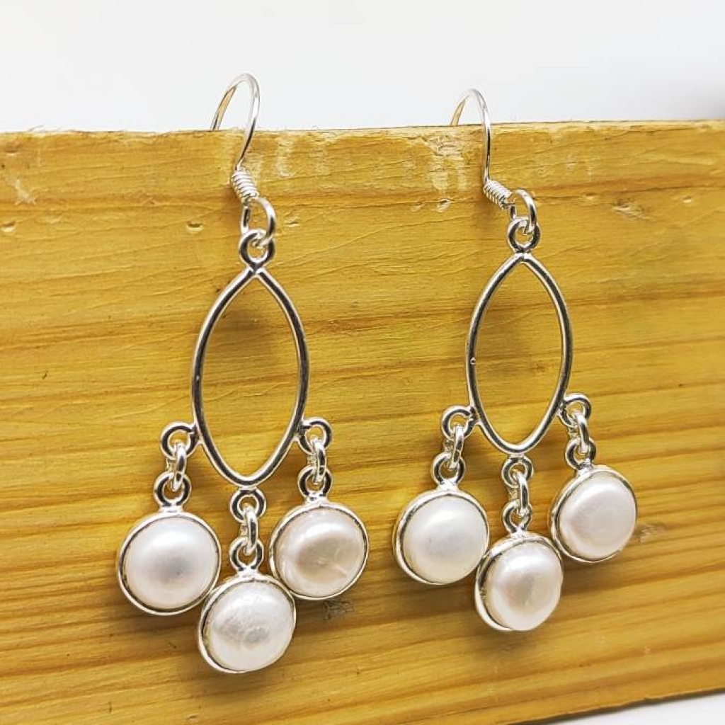 925 Sterling Silver Pearl Cabochon Long Round Shape Handmade Boho Earring