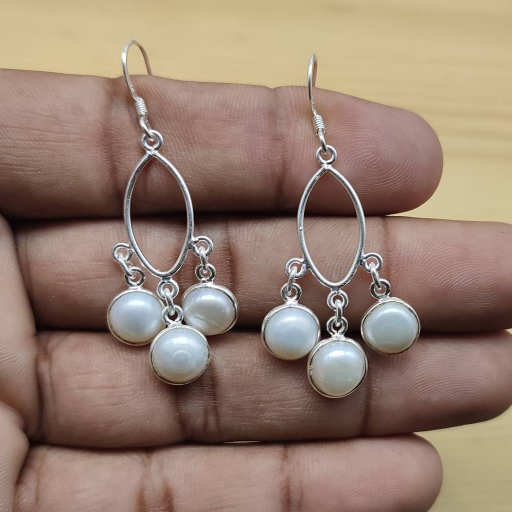 925 Sterling Silver Pearl Cabochon Long Round Shape Handmade Boho Earring