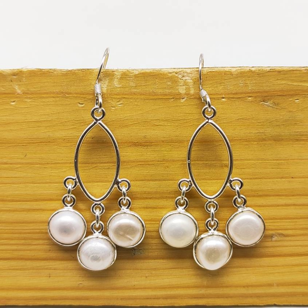 925 Sterling Silver Pearl Cabochon Long Round Shape Handmade Boho Earring