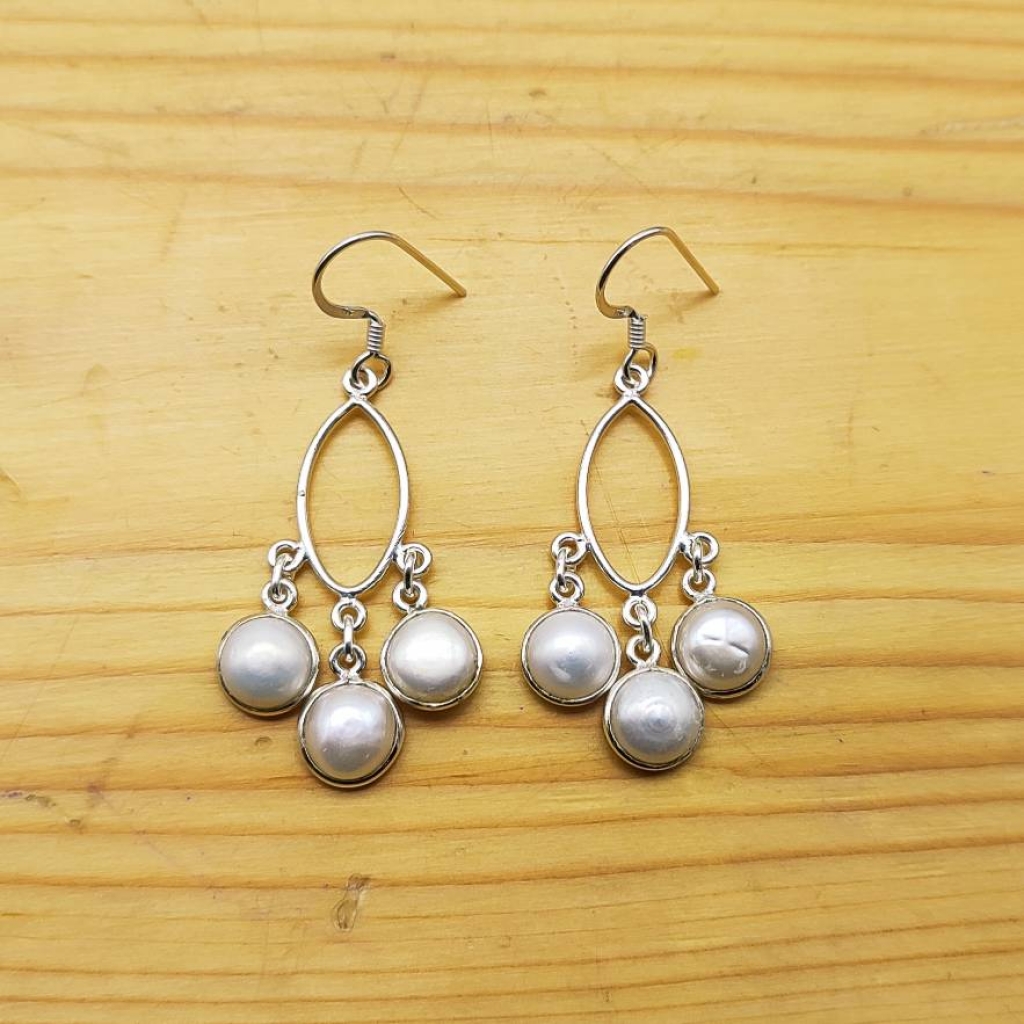 925 Sterling Silver Pearl Cabochon Long Round Shape Handmade Boho Earring