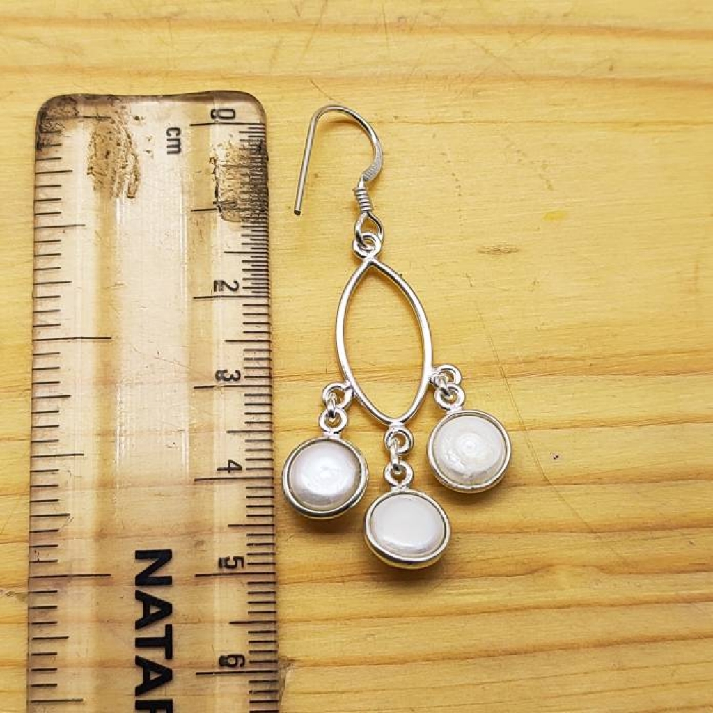 925 Sterling Silver Pearl Cabochon Long Round Shape Handmade Boho Earring