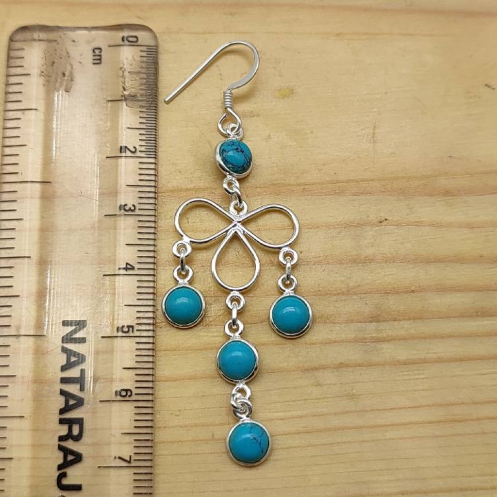 925 Sterling Silver Turquoise Cabochon Long Round Shape Handmade Earring