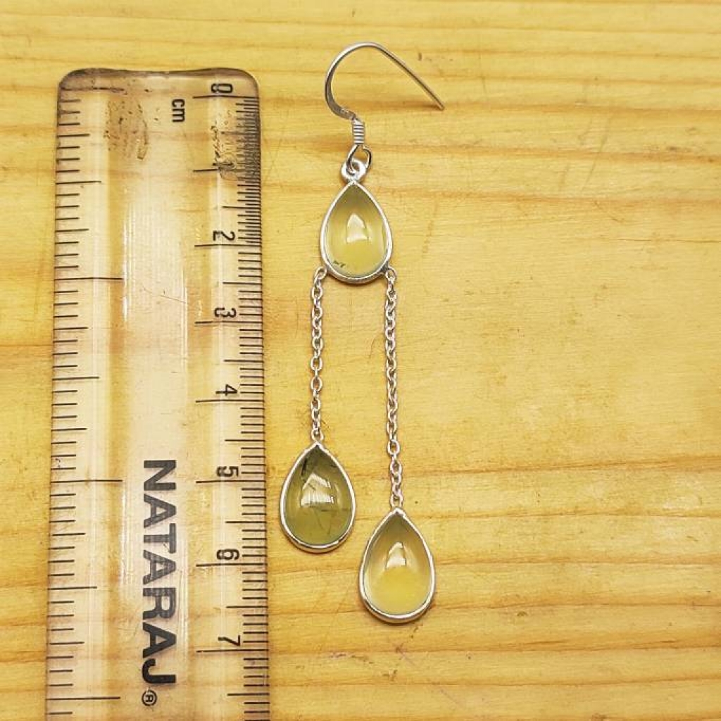 925 Sterling Silver Natural Prehnite Cabochon Long Pear Shape Handmade Earring