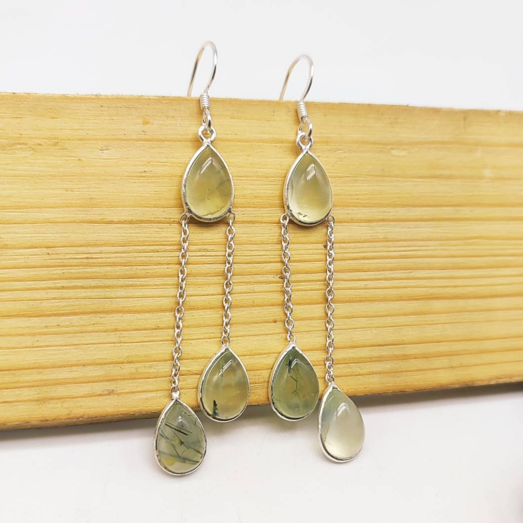 925 Sterling Silver Natural Prehnite Cabochon Long Pear Shape Handmade Earring