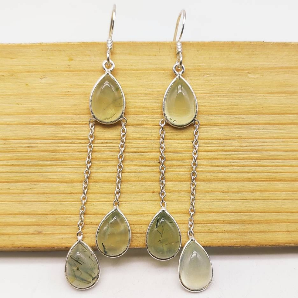 925 Sterling Silver Natural Prehnite Cabochon Long Pear Shape Handmade Earring