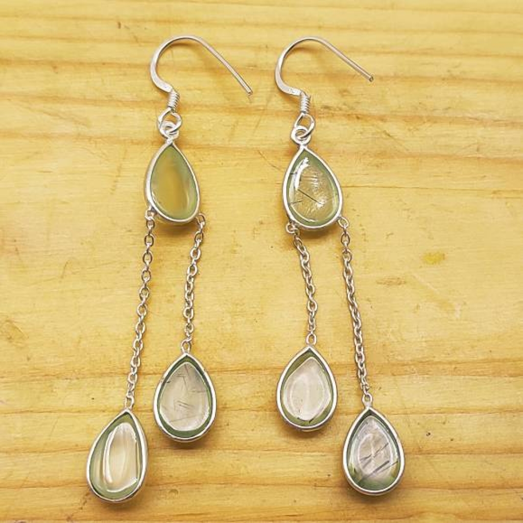 925 Sterling Silver Natural Prehnite Cabochon Long Pear Shape Handmade Earring